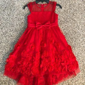 Girl's Red Rose Glitter Mesh Hi-Lo Holiday Wedding Princess Dress